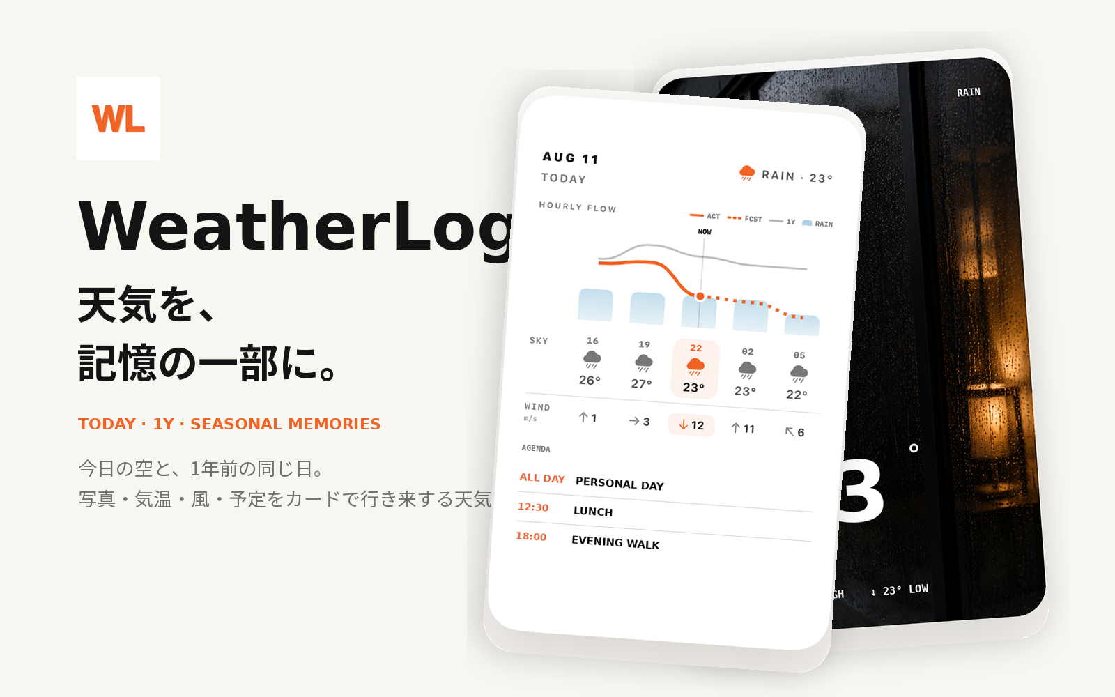 WeatherLog2のTODAYカードと雨の日の写真カードを紹介する画面